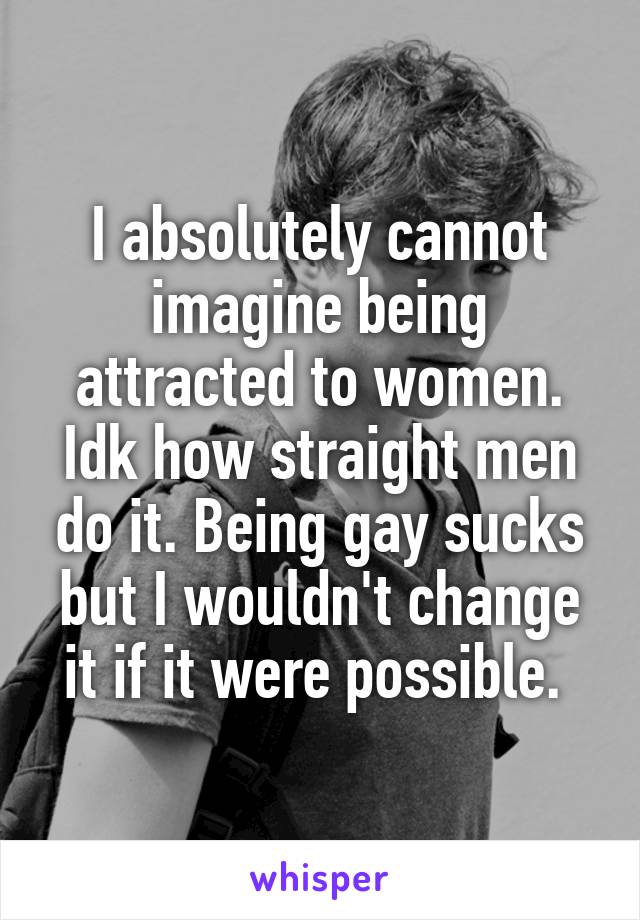 I absolutely cannot imagine being attracted to women. Idk how straight men do it. Being gay sucks but I wouldn't change it if it were possible. 