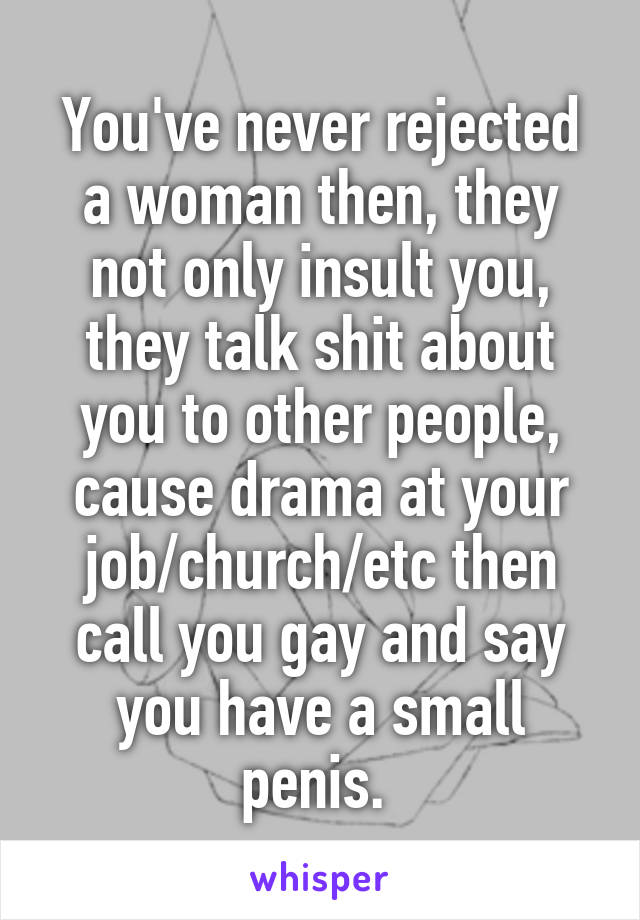 You've never rejected a woman then, they not only insult you, they talk shit about you to other people, cause drama at your job/church/etc then call you gay and say you have a small penis. 