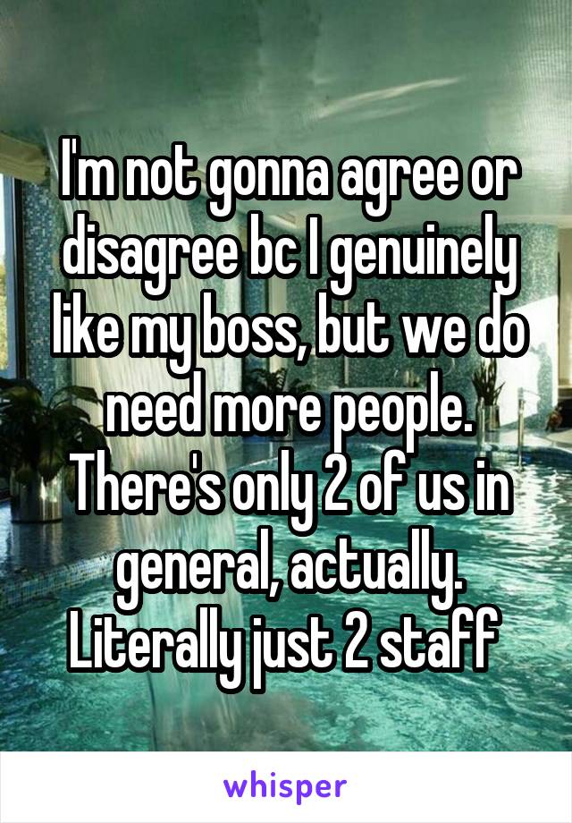 I'm not gonna agree or disagree bc I genuinely like my boss, but we do need more people. There's only 2 of us in general, actually. Literally just 2 staff 