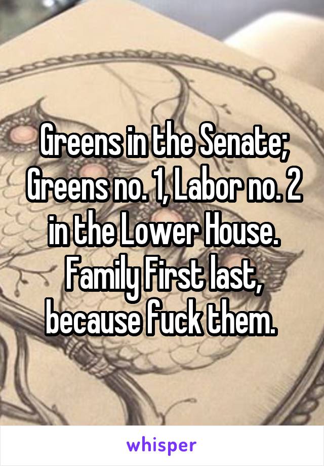 Greens in the Senate; Greens no. 1, Labor no. 2 in the Lower House. Family First last, because fuck them. 