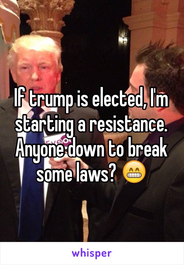 If trump is elected, I'm starting a resistance. Anyone down to break some laws? 😁