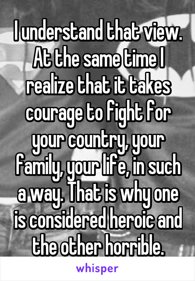 I understand that view. At the same time I realize that it takes courage to fight for your country, your family, your life, in such a way. That is why one is considered heroic and the other horrible.