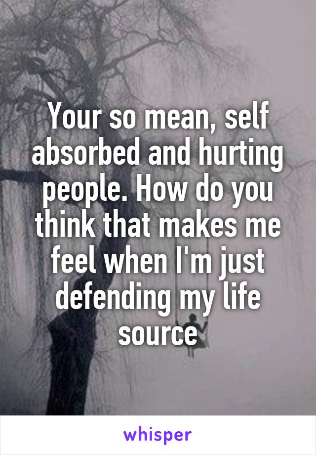 Your so mean, self absorbed and hurting people. How do you think that makes me feel when I'm just defending my life source