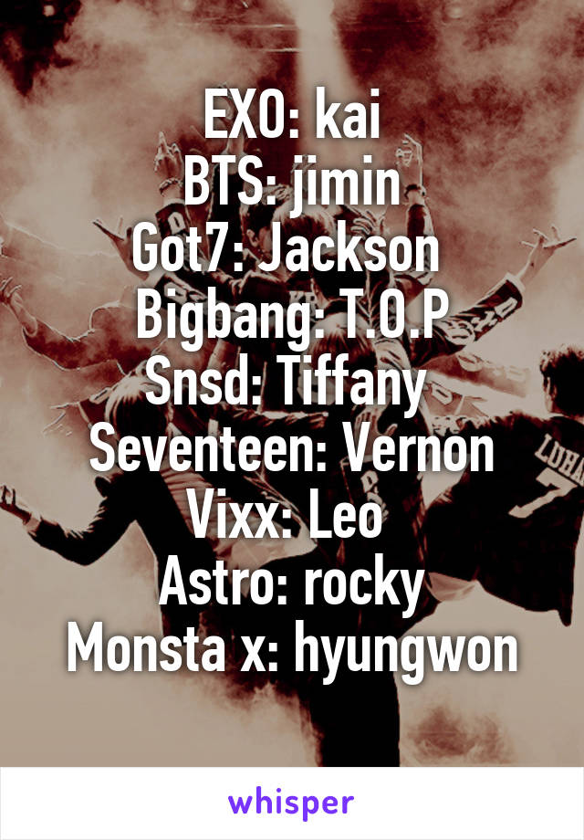 EXO: kai
BTS: jimin
Got7: Jackson 
Bigbang: T.O.P
Snsd: Tiffany 
Seventeen: Vernon
Vixx: Leo 
Astro: rocky
Monsta x: hyungwon

