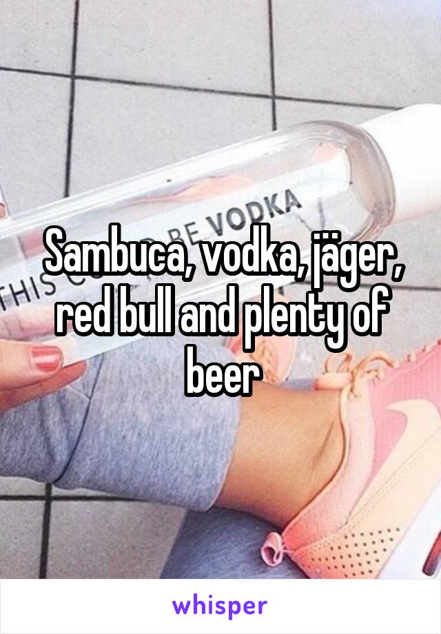 Sambuca, vodka, jäger, red bull and plenty of beer