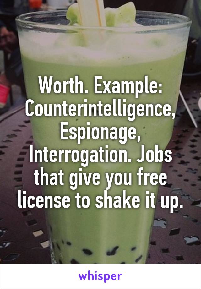 Worth. Example: Counterintelligence, Espionage, Interrogation. Jobs that give you free license to shake it up.