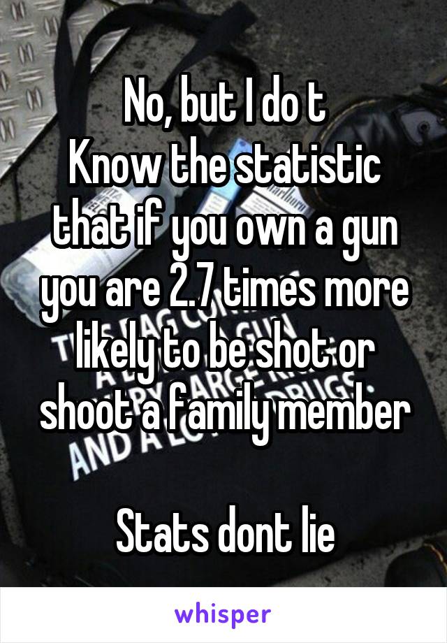 No, but I do t
Know the statistic that if you own a gun you are 2.7 times more likely to be shot or shoot a family member

Stats dont lie