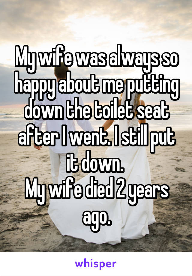My wife was always so happy about me putting down the toilet seat after I went. I still put it down. 
My wife died 2 years ago.