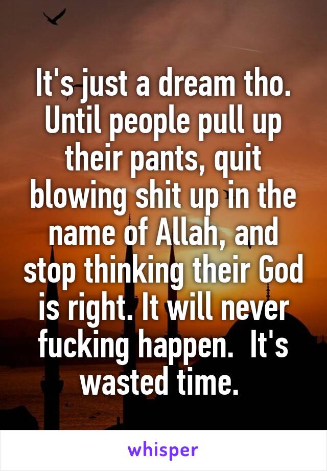 It's just a dream tho. Until people pull up their pants, quit blowing shit up in the name of Allah, and stop thinking their God is right. It will never fucking happen.  It's wasted time. 