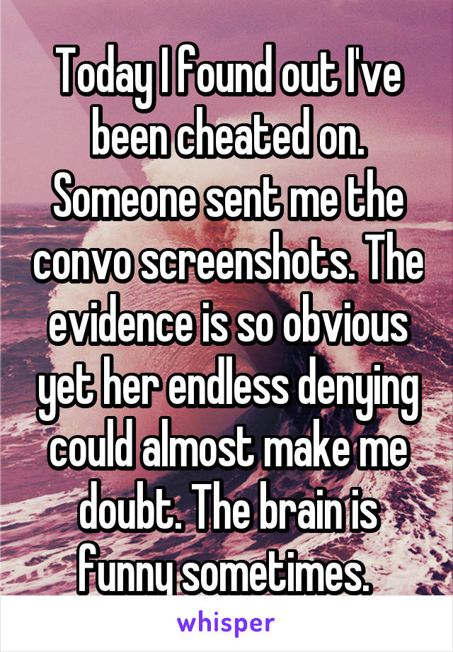 Today I found out I've been cheated on. Someone sent me the convo screenshots. The evidence is so obvious yet her endless denying could almost make me doubt. The brain is funny sometimes. 