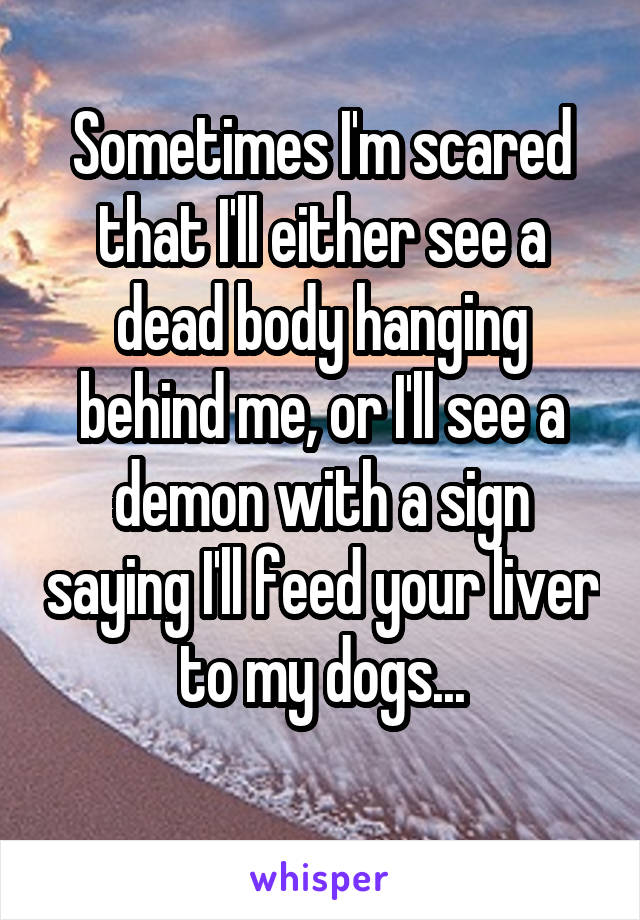 Sometimes I'm scared that I'll either see a dead body hanging behind me, or I'll see a demon with a sign saying I'll feed your liver to my dogs...
