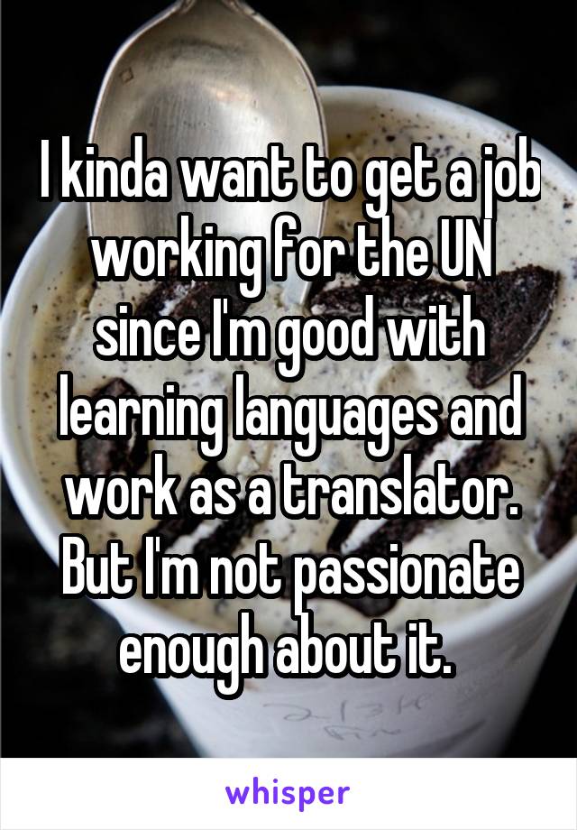 I kinda want to get a job working for the UN since I'm good with learning languages and work as a translator. But I'm not passionate enough about it. 