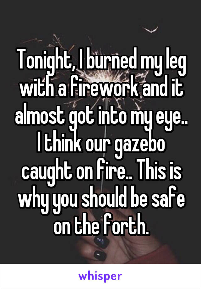 Tonight, I burned my leg with a firework and it almost got into my eye.. I think our gazebo caught on fire.. This is why you should be safe on the forth.