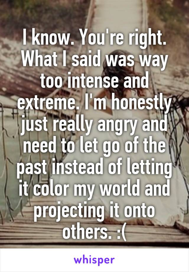 I know. You're right. What I said was way too intense and extreme. I'm honestly just really angry and need to let go of the past instead of letting it color my world and projecting it onto others. :(