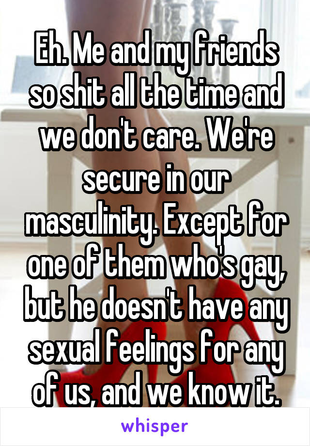 Eh. Me and my friends so shit all the time and we don't care. We're secure in our masculinity. Except for one of them who's gay, but he doesn't have any sexual feelings for any of us, and we know it.