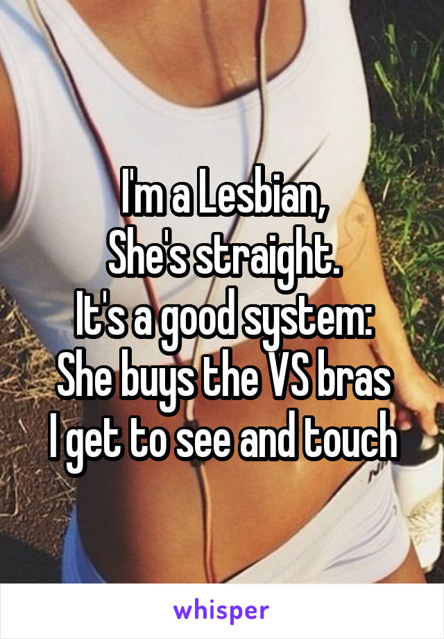 I'm a Lesbian,
She's straight.
It's a good system:
She buys the VS bras
I get to see and touch