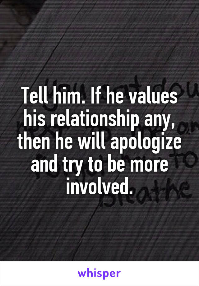 Tell him. If he values his relationship any, then he will apologize and try to be more involved.