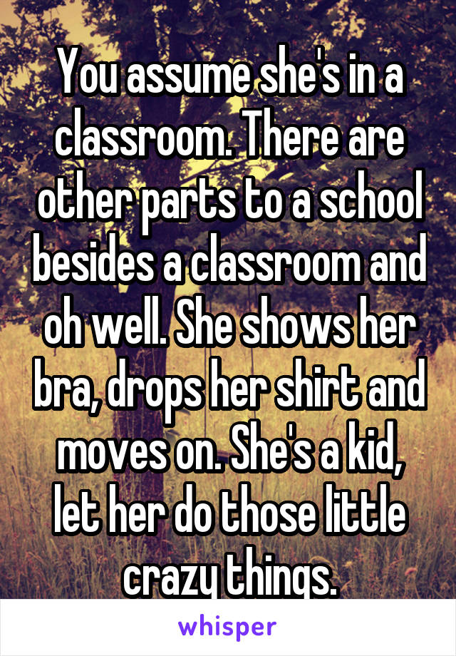 You assume she's in a classroom. There are other parts to a school besides a classroom and oh well. She shows her bra, drops her shirt and moves on. She's a kid, let her do those little crazy things.