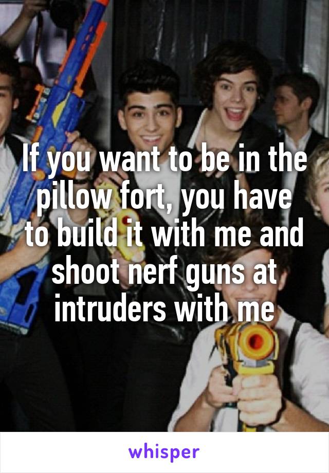 If you want to be in the pillow fort, you have to build it with me and shoot nerf guns at intruders with me