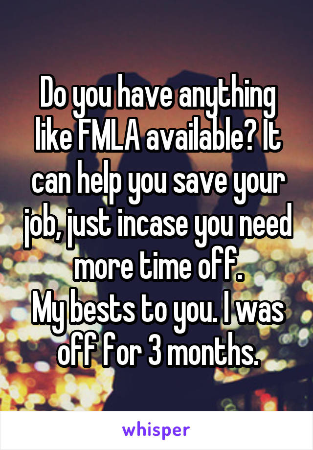Do you have anything like FMLA available? It can help you save your job, just incase you need more time off.
My bests to you. I was off for 3 months.