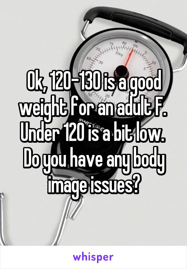 Ok, 120-130 is a good weight for an adult F.  Under 120 is a bit low.  Do you have any body image issues?