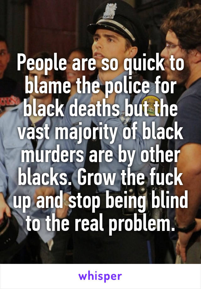 People are so quick to blame the police for black deaths but the vast majority of black murders are by other blacks. Grow the fuck up and stop being blind to the real problem.