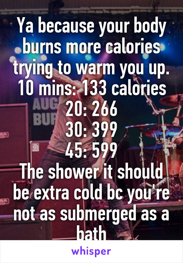 Ya because your body burns more calories trying to warm you up.
10 mins: 133 calories
20: 266
30: 399
45: 599
The shower it should be extra cold bc you're not as submerged as a bath