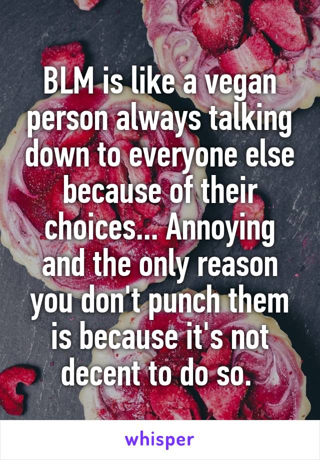 BLM is like a vegan person always talking down to everyone else because of their choices... Annoying and the only reason you don't punch them is because it's not decent to do so. 