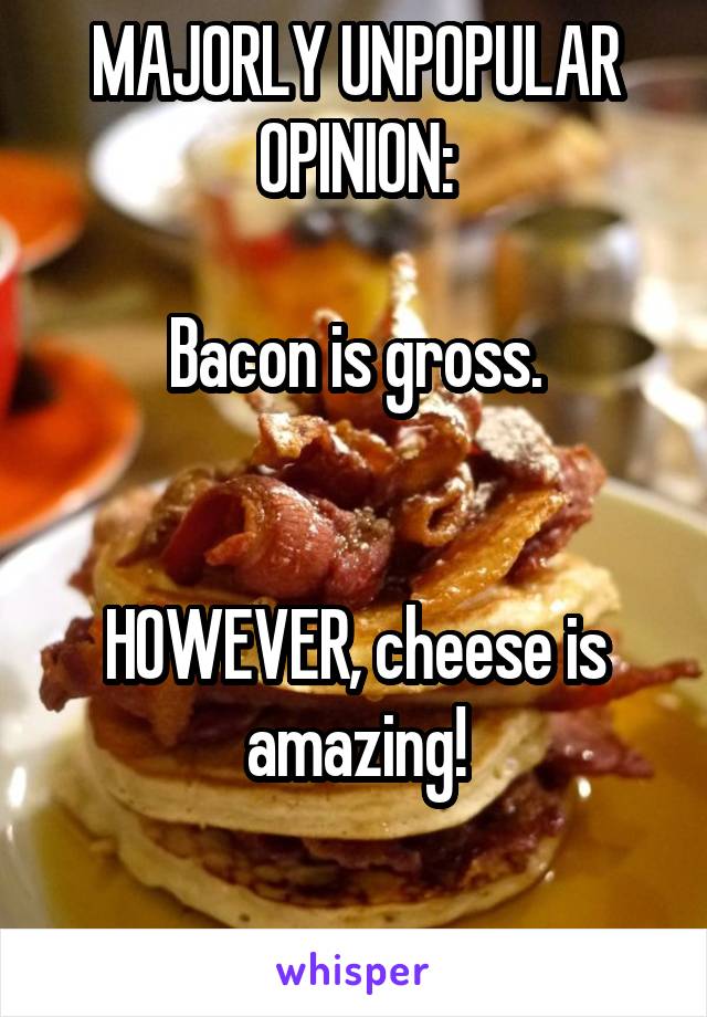 MAJORLY UNPOPULAR OPINION:

Bacon is gross.


HOWEVER, cheese is amazing!

