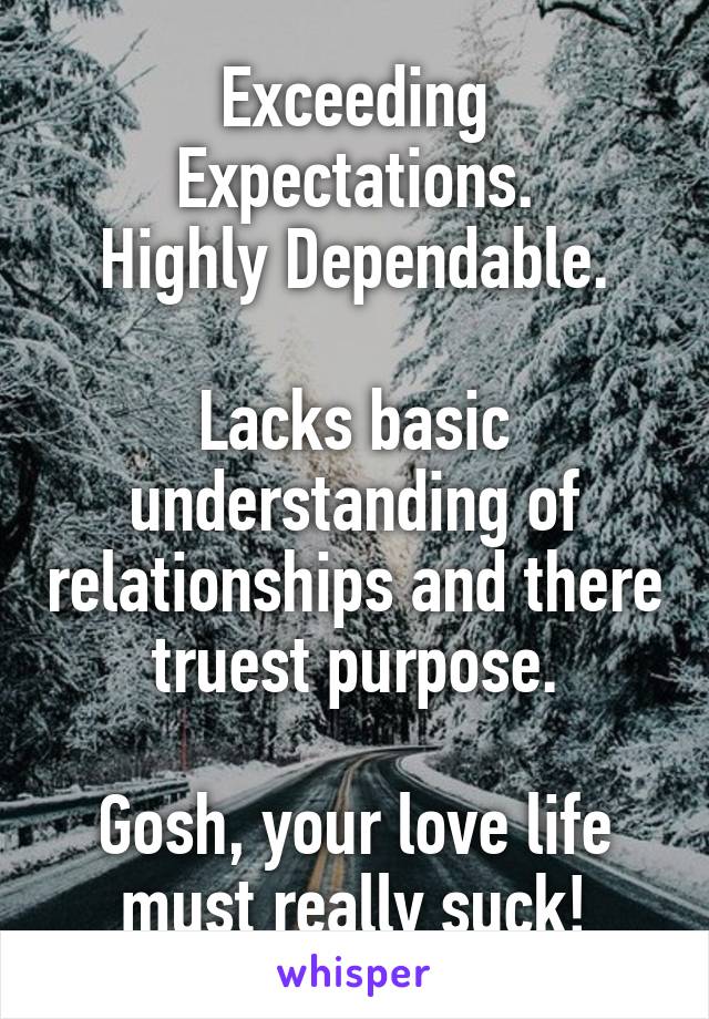 Exceeding Expectations.
Highly Dependable.

Lacks basic understanding of relationships and there truest purpose.

Gosh, your love life must really suck!