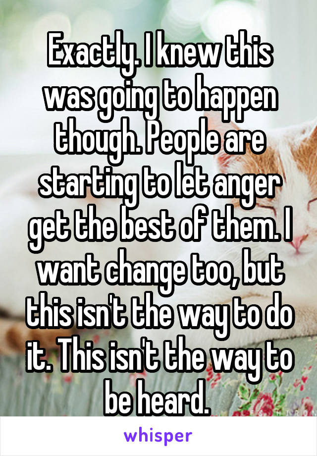 Exactly. I knew this was going to happen though. People are starting to let anger get the best of them. I want change too, but this isn't the way to do it. This isn't the way to be heard. 