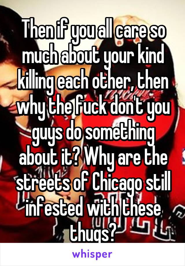 Then if you all care so much about your kind killing each other, then why the fuck don't you guys do something about it? Why are the streets of Chicago still infested with these thugs?