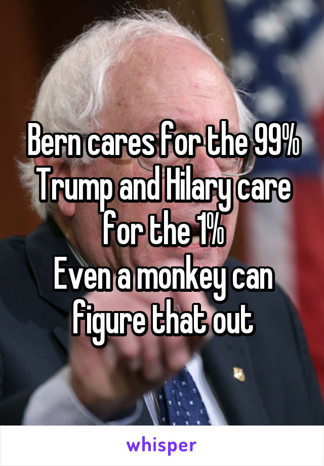 Bern cares for the 99%
Trump and Hilary care for the 1%
Even a monkey can figure that out
