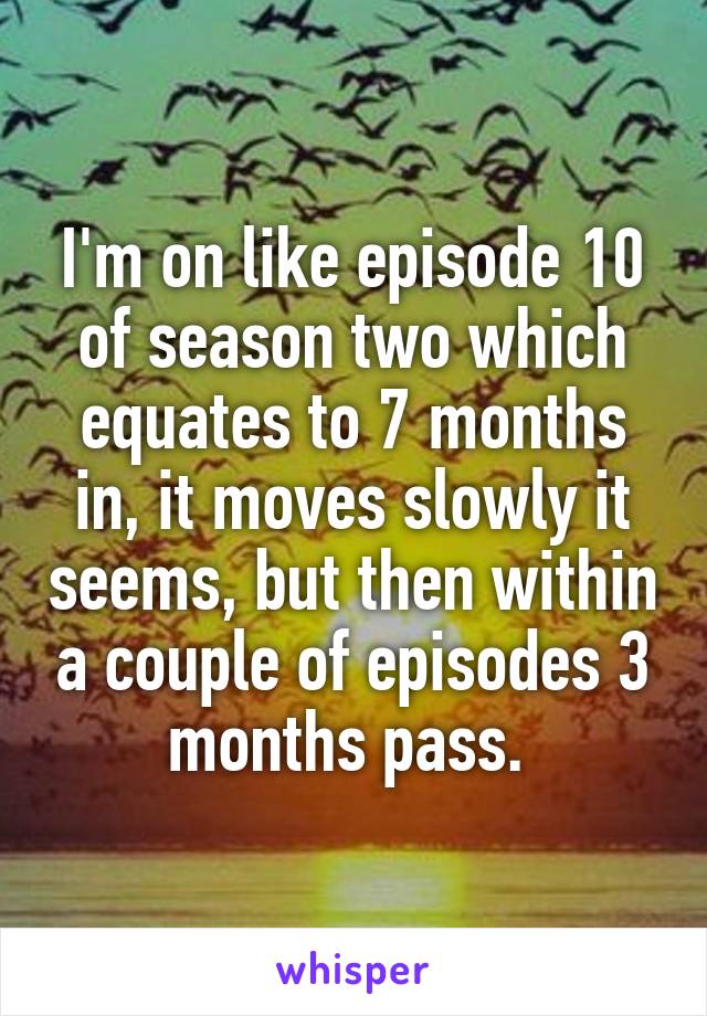 I'm on like episode 10 of season two which equates to 7 months in, it moves slowly it seems, but then within a couple of episodes 3 months pass. 