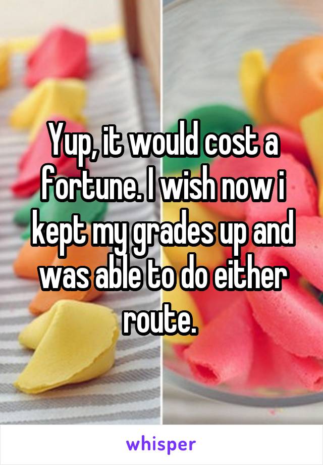 Yup, it would cost a fortune. I wish now i kept my grades up and was able to do either route. 