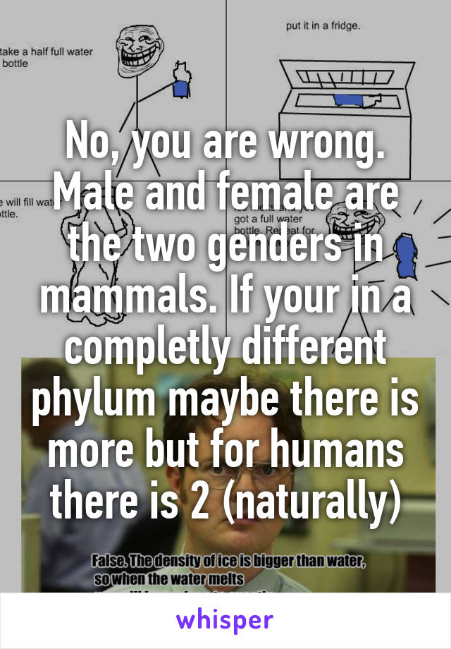 No, you are wrong. Male and female are the two genders in mammals. If your in a completly different phylum maybe there is more but for humans there is 2 (naturally)