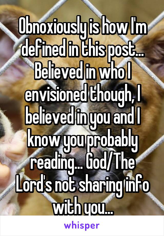 Obnoxiously is how I'm defined in this post...
Believed in who I envisioned though, I believed in you and I know you probably reading... God/The Lord's not sharing info with you...