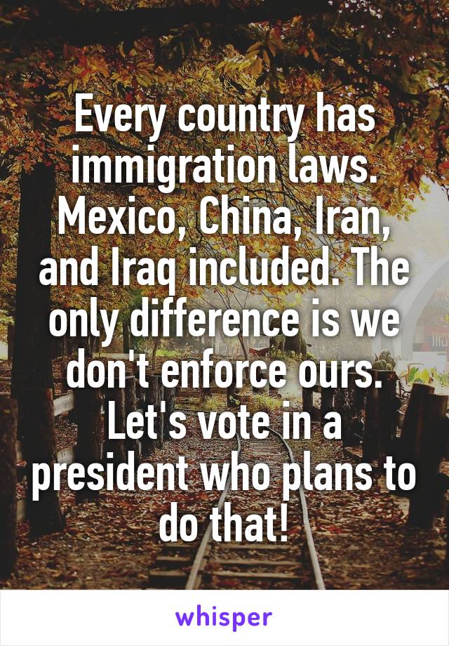 Every country has immigration laws. Mexico, China, Iran, and Iraq included. The only difference is we don't enforce ours. Let's vote in a president who plans to do that!