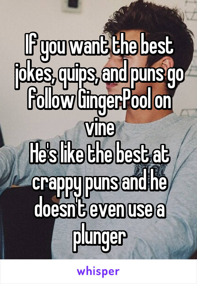 If you want the best jokes, quips, and puns go follow GingerPool on vine
He's like the best at crappy puns and he doesn't even use a plunger