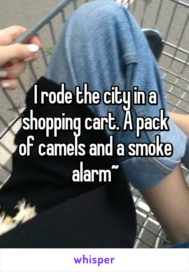 I rode the city in a shopping cart. A pack of camels and a smoke alarm~