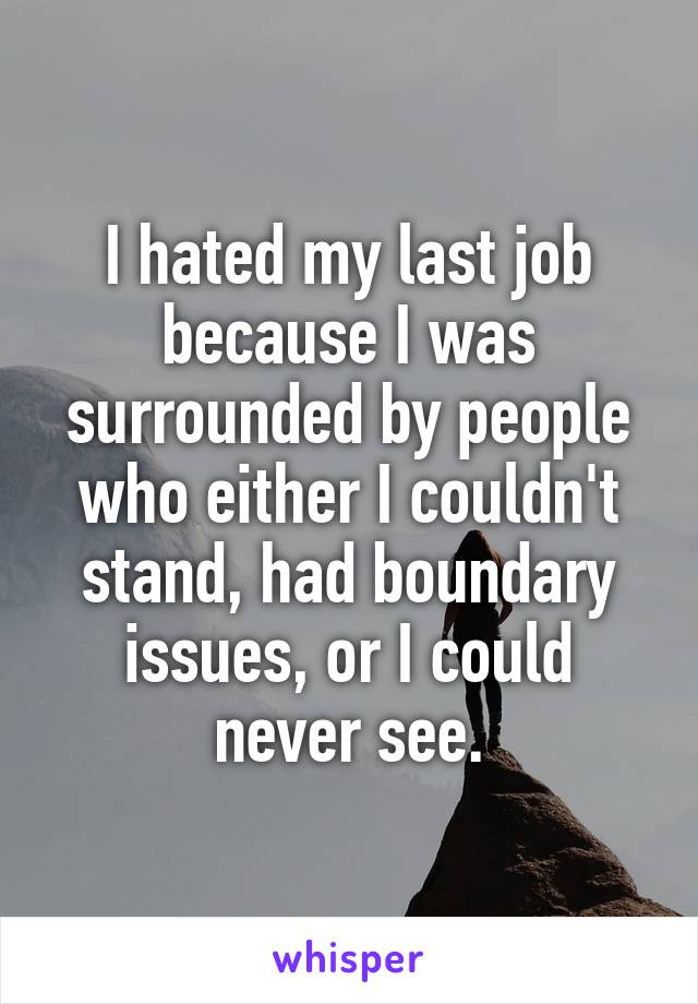 I hated my last job because I was surrounded by people who either I couldn't stand, had boundary issues, or I could never see.