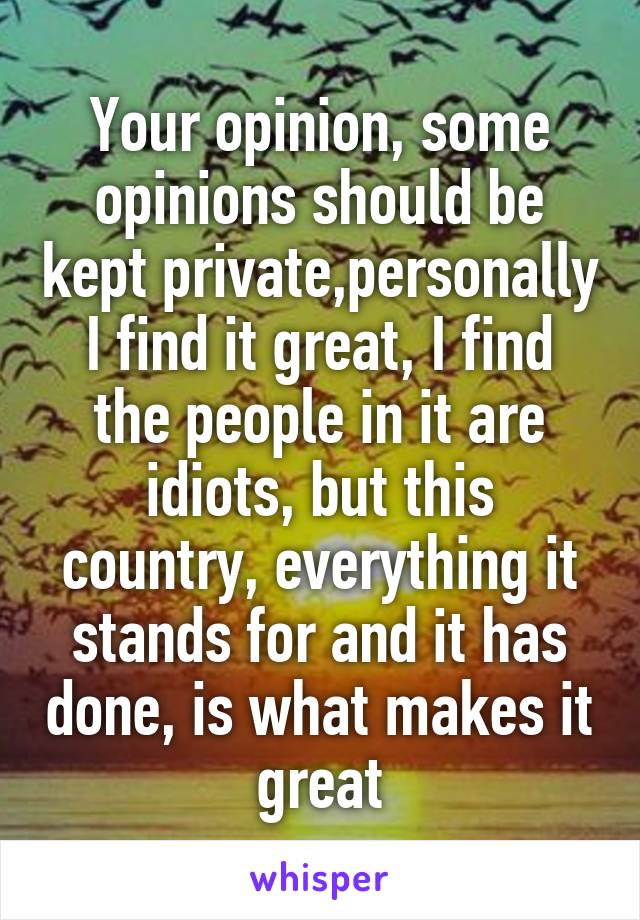 Your opinion, some opinions should be kept private,personally I find it great, I find the people in it are idiots, but this country, everything it stands for and it has done, is what makes it great