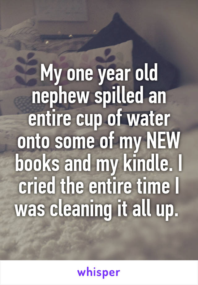 My one year old nephew spilled an entire cup of water onto some of my NEW books and my kindle. I cried the entire time I was cleaning it all up. 