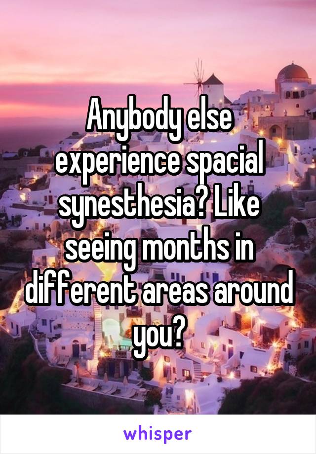 Anybody else experience spacial synesthesia? Like seeing months in different areas around you?