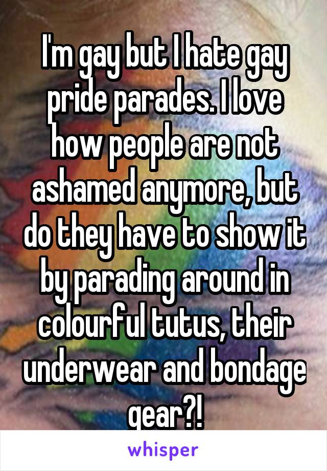 I'm gay but I hate gay pride parades. I love how people are not ashamed anymore, but do they have to show it by parading around in colourful tutus, their underwear and bondage gear?!