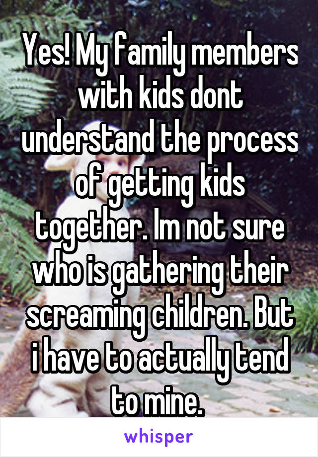 Yes! My family members with kids dont understand the process of getting kids together. Im not sure who is gathering their screaming children. But i have to actually tend to mine. 