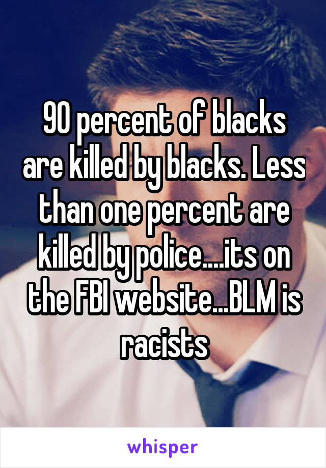 90 percent of blacks are killed by blacks. Less than one percent are killed by police....its on the FBI website...BLM is racists