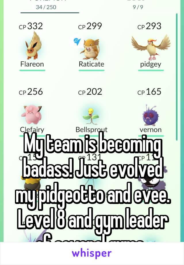 




My team is becoming badass! Just evolved my pidgeotto and evee. Level 8 and gym leader of several gyms. 