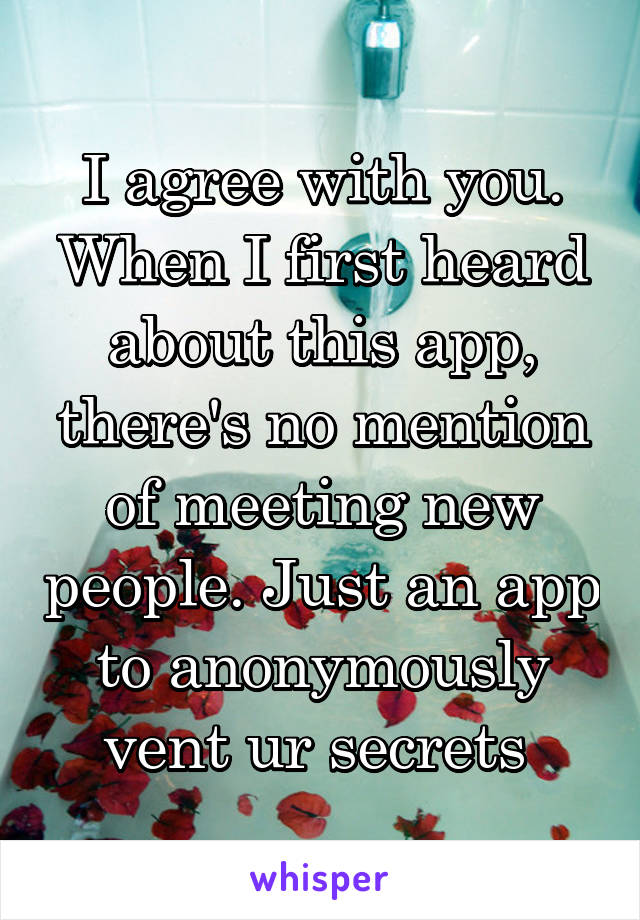 I agree with you. When I first heard about this app, there's no mention of meeting new people. Just an app to anonymously vent ur secrets 