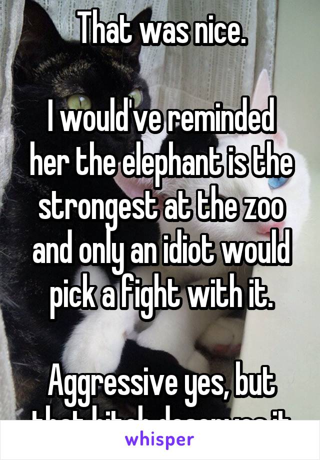 That was nice.

I would've reminded her the elephant is the strongest at the zoo and only an idiot would pick a fight with it.

Aggressive yes, but that bitch deserves it